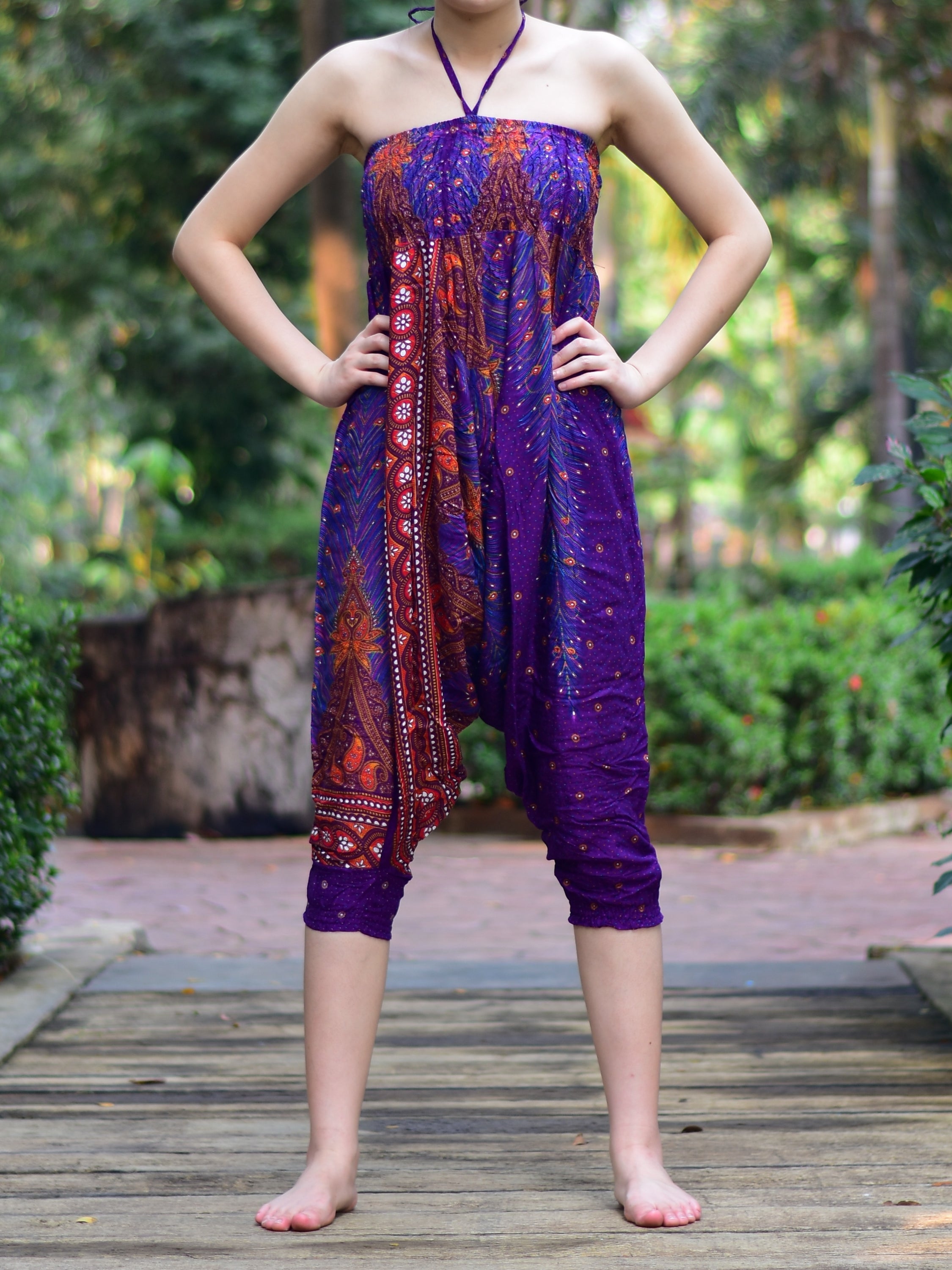 Bohotusk Purple Peacock Moonshine Low Crotch Harem Pants for women, showcasing vibrant colors and unique design, perfect for yoga and lounging.